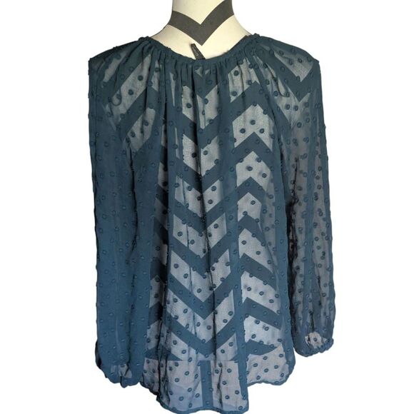 MNG Mango L Teal Blue Swiss Dot & Chevron Sheer Blouse - Picture 4 of 4